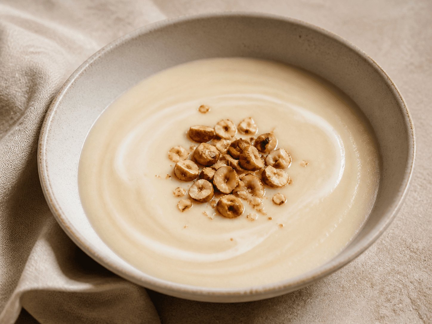 Velouté de panais, poire et noisettes, plat terminé présenté naturellement