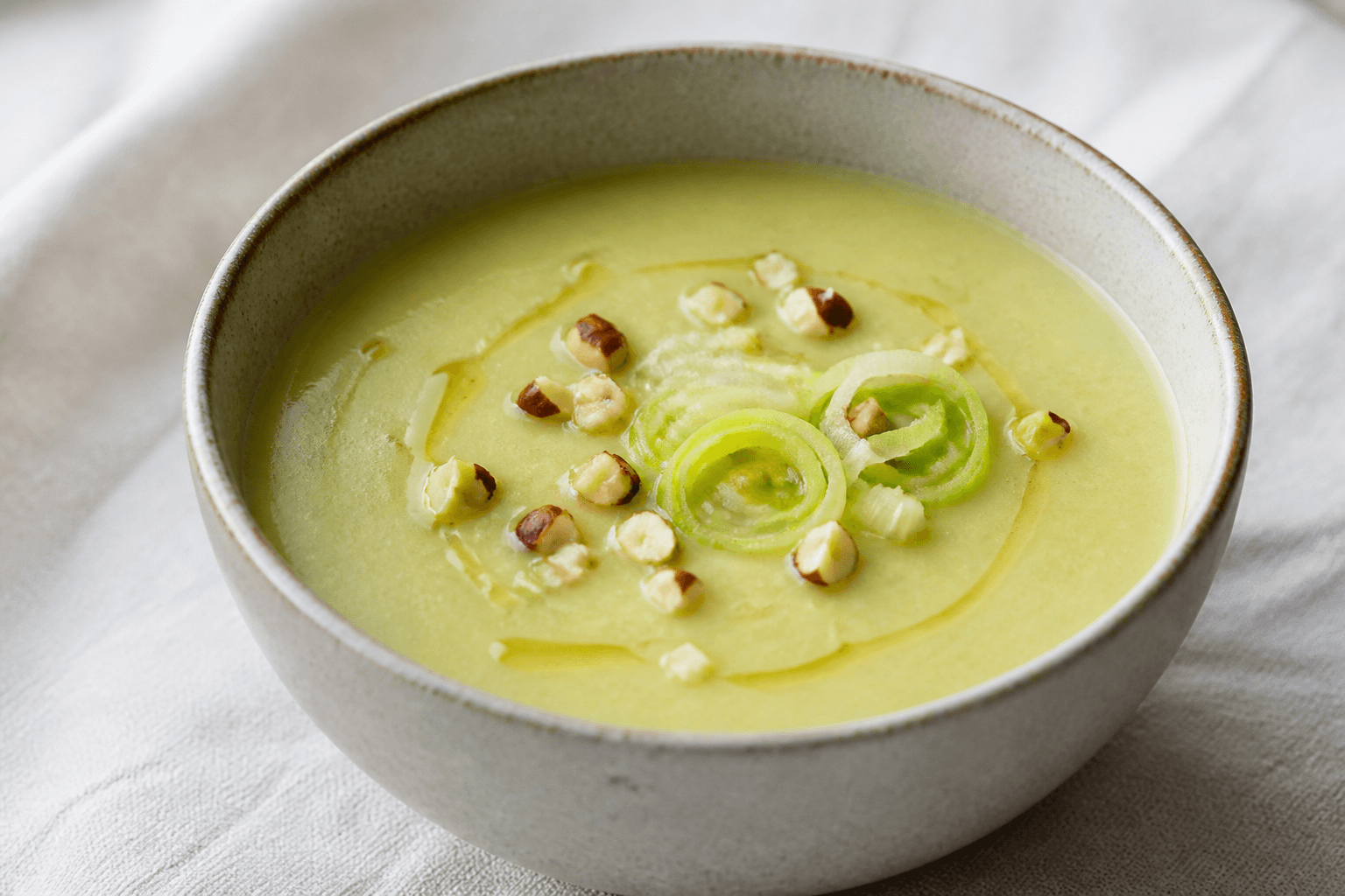 Velouté de poireau, pois cassé jaune et huile de noisette, plat terminé présenté naturellement