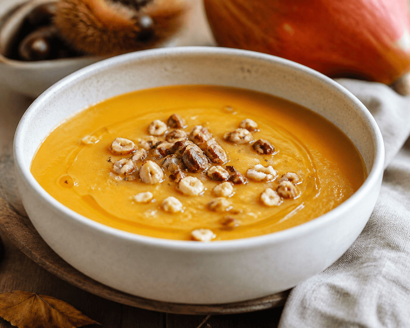 Velouté de potimarron, châtaigne et noix grillée, plat terminé présenté naturellement