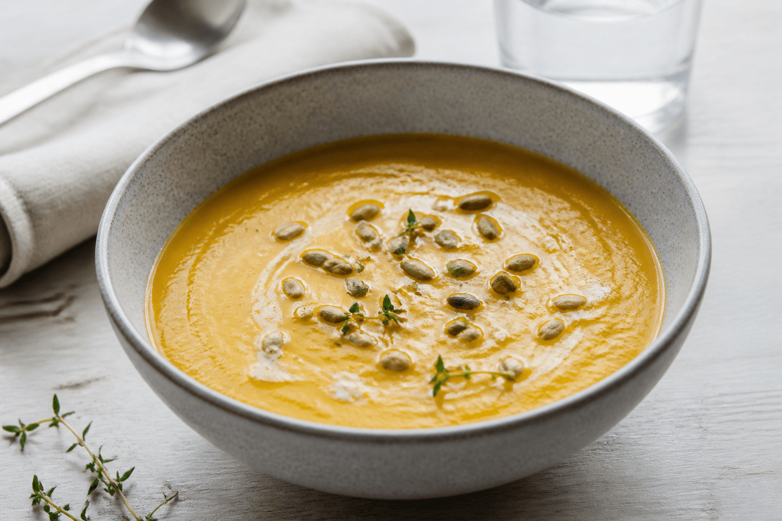 Velouté de potiron, pois cassé et graines de tournesol, plat terminé présenté naturellement