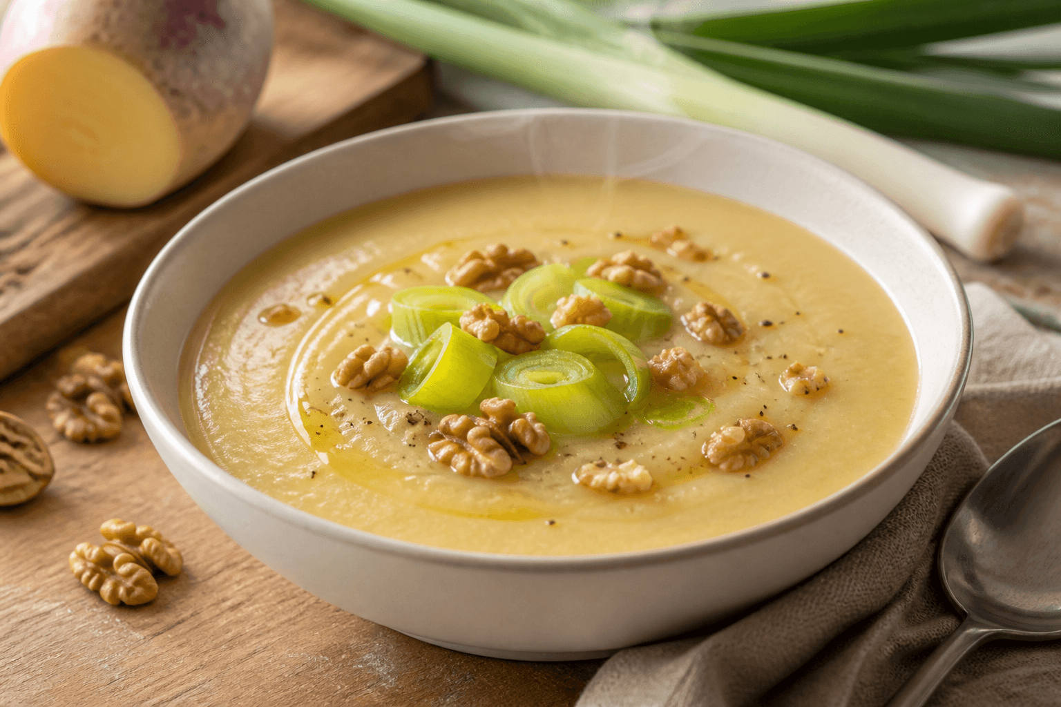 Bol de velouté de rutabaga avec poireau jeune et éclats de noix de Grenoble.
