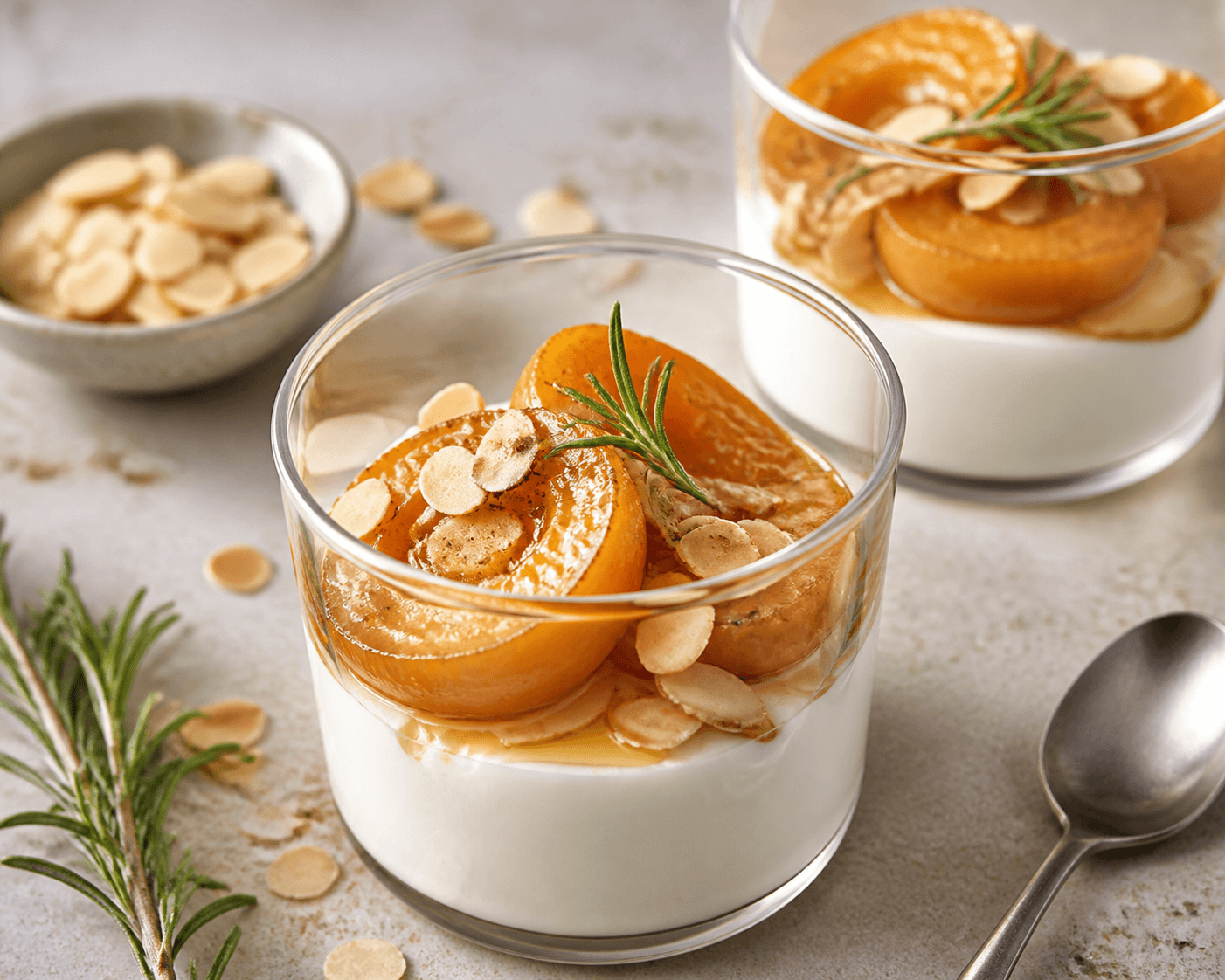Verrines de fromage blanc, abricots poêlés au romarin, plat terminé présenté naturellement